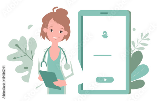 Friendly Female Doctor with Smartphone and Medical App Interface Illustration