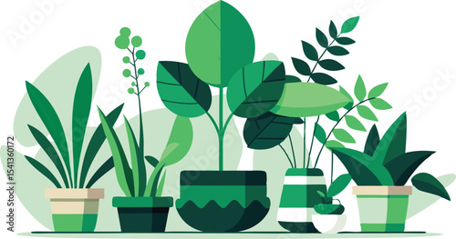 Vector art of a lush collection of potted plants, isolated on transparent background, showcasing various shades of green foliage in a vibrant display