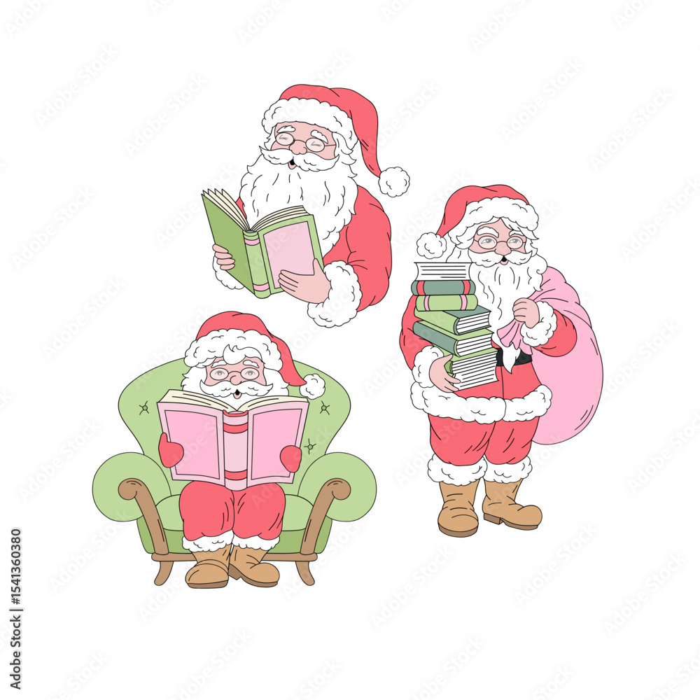 Obraz premium Retro Christmas Santa Claus characters Reading, Holding Books with a Holiday Gift Sack vector illustration set isolated on white. Great for festive greeting cards, festive book themed merchandise
