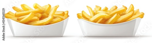 Two white containers filled with golden, crispy French fries are placed side by side on a white background.