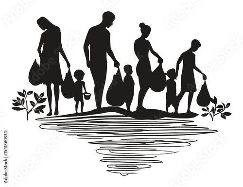 Silhouetted Community in Action: Engaging Hands in Environmental Cleanup