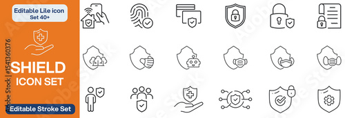 Big set of shield line icons. Protection, security, defence, guard etc. Editable stroke