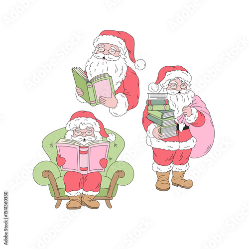 Retro Christmas Santa Claus characters Reading, Holding Books with a Holiday Gift Sack vector illustration set isolated on white. Great for festive greeting cards, festive book themed merchandise