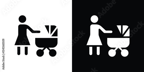 Woman with Baby Stroller icon in flat black solid vector set