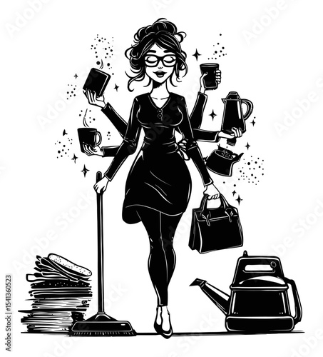 Stylish Woman Juggling Tasks in Abstract Art with Drawn Elements