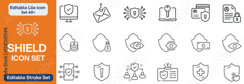 Big set of shield line icons. Protection, security, defence, guard etc. Editable stroke