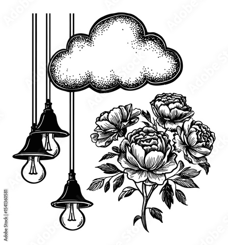 Abstract Hand-Drawn Design Featuring Flowers and Hanging Light Fixtures