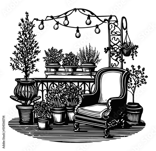 Elegant Hand-Drawn Arrangement of Potted Plants and Chair in Garden Space