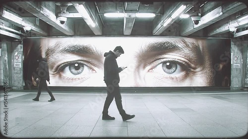 Subway Station Scene Featuring Giant Eyes Billboard People Walking and Urban Atmosphere in Monochrome