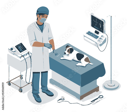 Veterinarian Examining a Dog with Medical Equipment in Clinic Setting