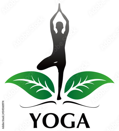 Silhouette of a person performing yoga in tree pose with leaf elements for wellness