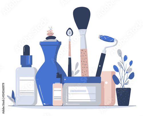 Stylish Cosmetic Products Arrangement in Soft Colors and Organic Shapes