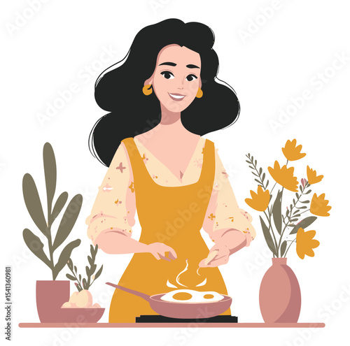 Cheerful Young Woman Cooking Eggs in a Stylish Kitchen with Flowers