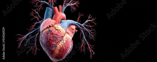Detailed 3D illustration of a human heart showing arteries and veins against a black background.