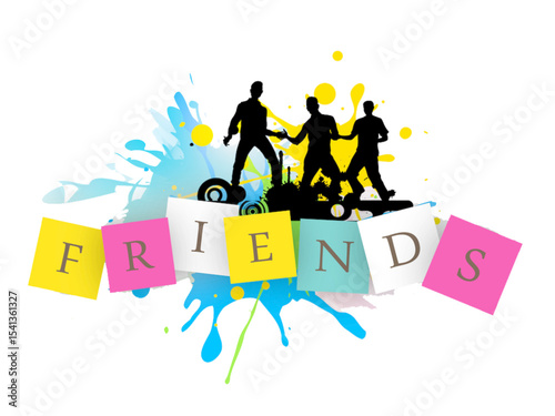 A vibrant illustration of friends with silhouetted figures and colorful splatters for friendship