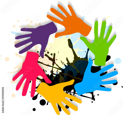 Colorful hands reaching upward illustrating teamwork collaboration unity and diversity on white background