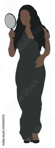 Elegant Cartoon Woman Holding a Mirror in a Stylish Dress