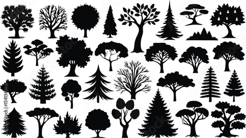 Vector art of a collection of black tree silhouettes, isolated on transparent background