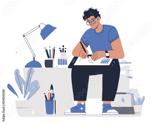Creative Cartoon Artist Drawing in Modern Studio Environment