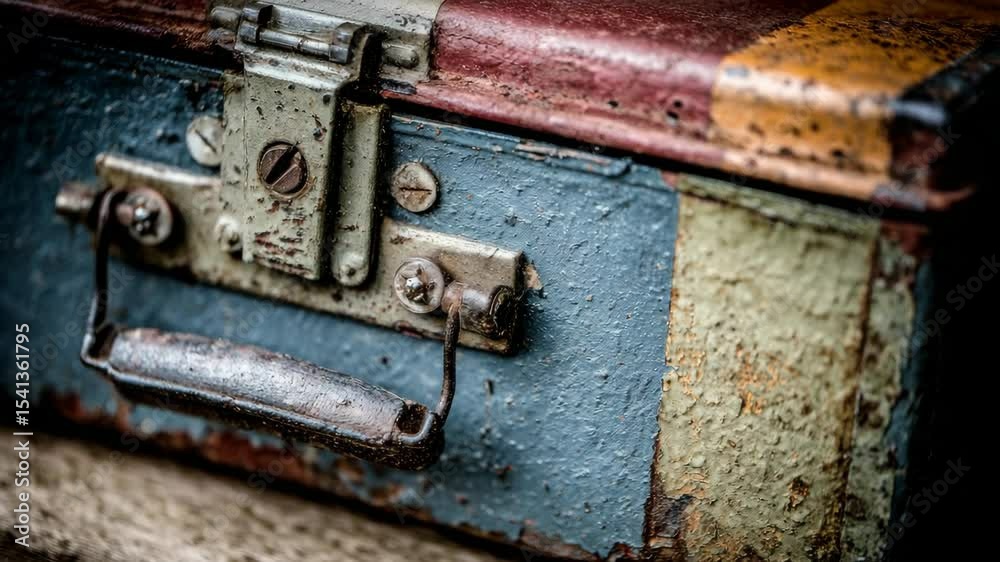 Close-up of a vintage metal suitcase with paint chipping and rust