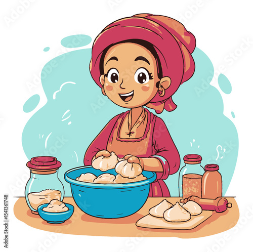 Cheerful Cook Making Dumplings in a Bright and Colorful Kitchen Setting
