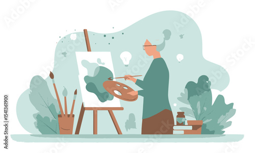 Creative Senior Woman Painting on Canvas with Brushes and Palette in Art Studio