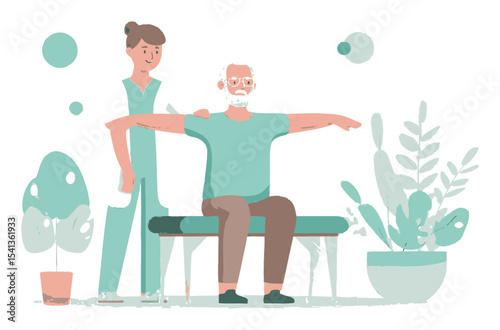 Caring Health Worker Assisting Elderly Man with Arm Stretch in Minimalist Style