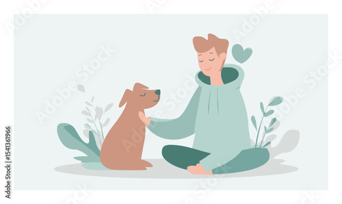 Caring Person and Happy Dog in a Serene and Cute Vector Illustration