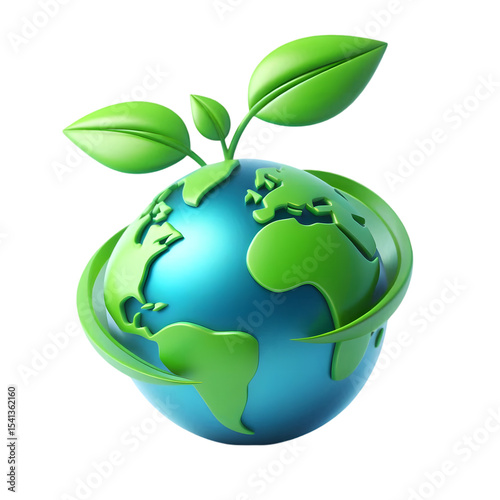 3d render of earth with green leaves isolated on transparent background