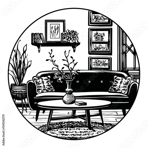 Stylish Abstract Hand-Drawn Living Room Interior Design Illustration