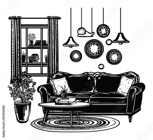 Artistic Hand Drawing of Cozy Living Room with Modern Decor Elements