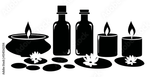Abstract Drawing of Candles and Bottles with Lotus Flowers and Stones