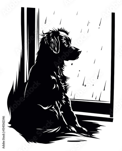 Abstract Illustration of a Dog Sitting by a Window with Raindrops