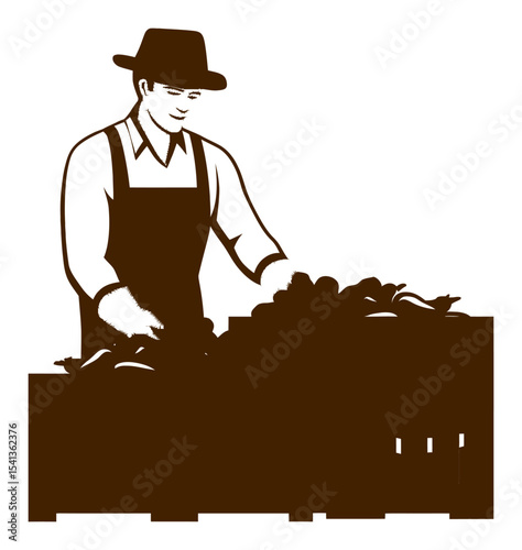 Abstract Hand Drawing of a Farmer Working with Fresh Produce