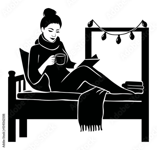 Cozy Woman Relaxing on Bed with Book and Cup in Warm Indoor Setting