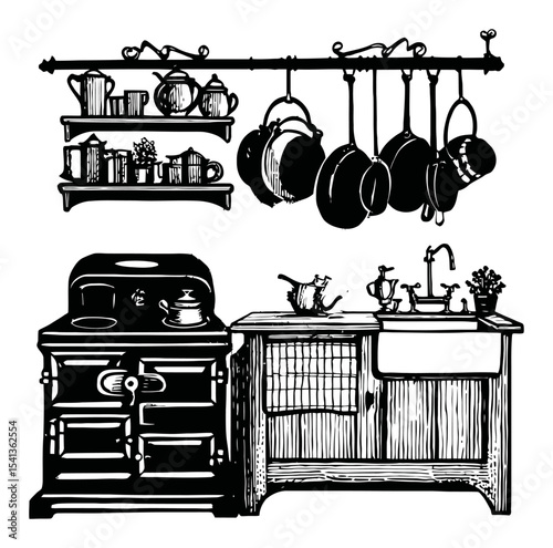 Rustic Kitchen Illustration with Shelves and Hanging Pots and Pans