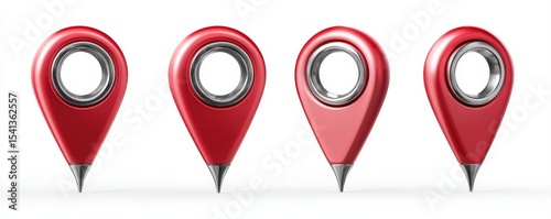 Four red map pin location markers with a metallic ring in the center, displayed in a row on a white background.
