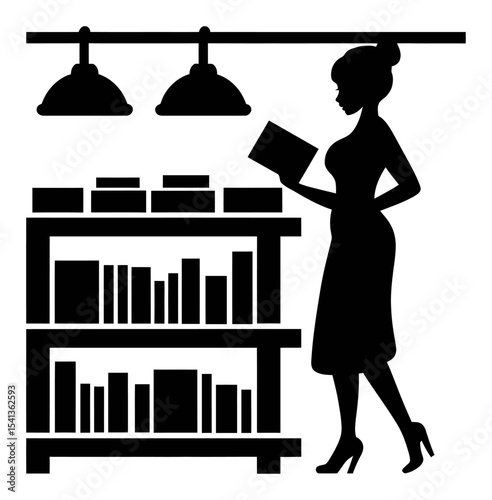 Abstract Hand Drawing of a Woman Reading Books in a Library Setting
