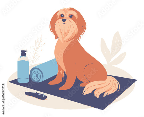 Cute Cartoon Dog Sitting on Yoga Mat with Grooming Supplies in Vector Style