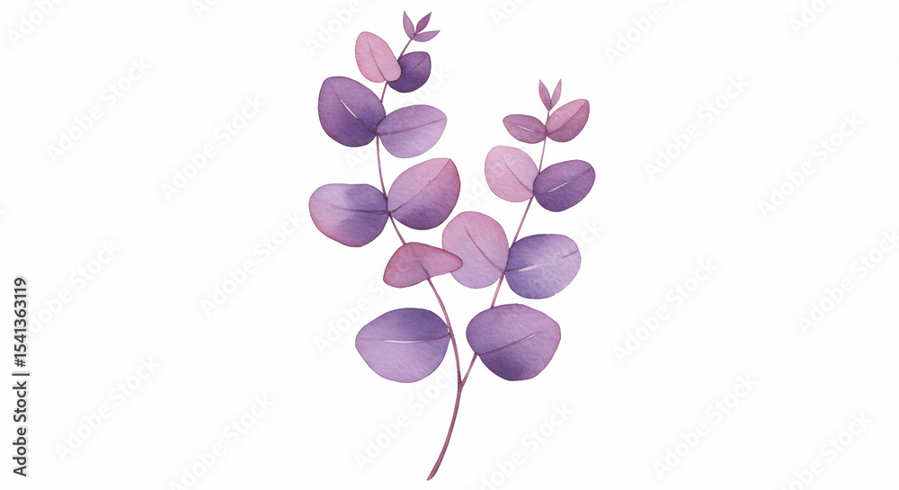 Naklejka premium Watercolor Eucalyptus Leaves Purple Botanical Illustration