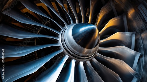 Close-up image of a jet engine turbine showcasing sleek, metallic blades with intricate design and dynamic lighting.