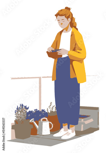Young Woman Tending to Plants in a Relaxed Balcony Garden Setting
