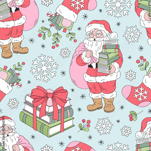 Retro Christmas vector seamless Pattern with Santa Holding Books and Gift Sack, Holiday Book Decor on Pastel Blue Background. Perfect for Xmas gift wrap, seasonal fabric, festive stationery, and cozy