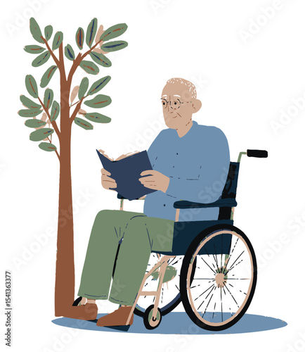 Cartoon Illustration of Elderly Man in Wheelchair Reading Under Tree