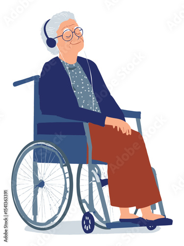 Senior Woman in Wheelchair Enjoying Music with Headphones in Cartoon Style