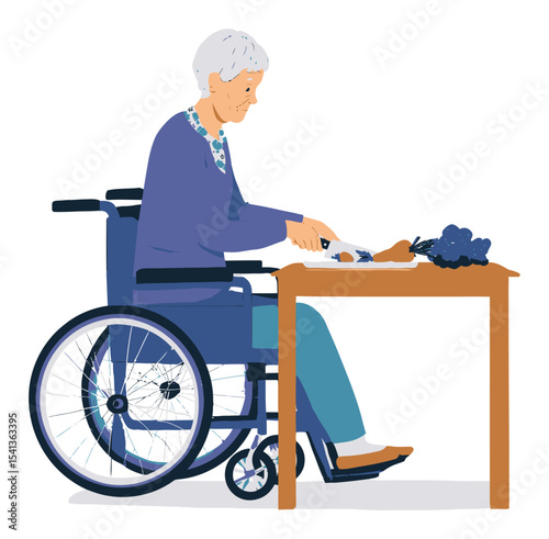 Elderly Woman in Wheelchair Enjoying Meal with Grapes and Chicken Leg