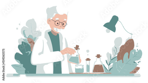 Scientist Mixing Chemicals in Laboratory with Plants in Background