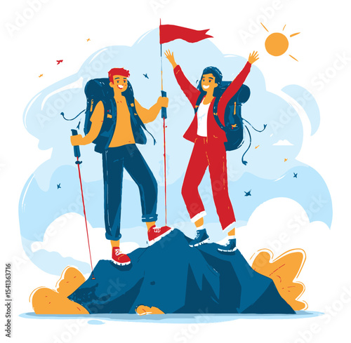 Happy Hikers Celebrating Mountain Summit with Red Flag and Sun