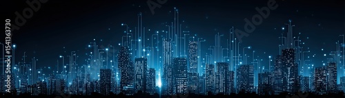 Futuristic digital cityscape at night with glowing blue skyscrapers and circuit-like lines representing advanced technology and connectivity.