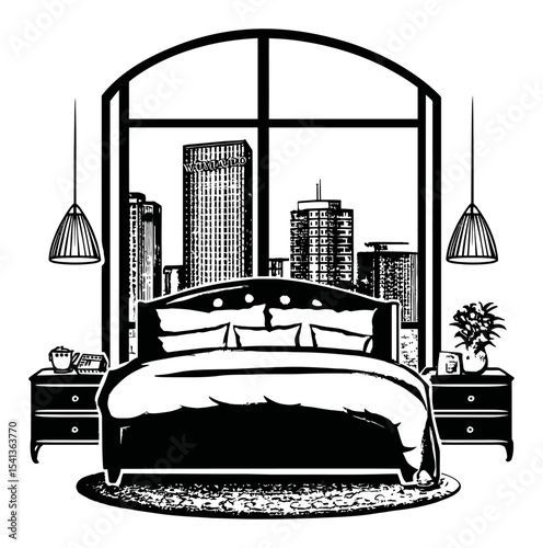 Abstract Hand-Drawn Bedroom Interior with City Skyline View